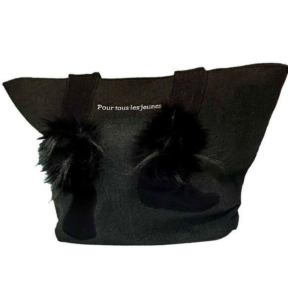 Sondra Roberts Square Large Dark Gray Tote with Black Booties Faux Fur Trim Wine - Picture 1 of 14
